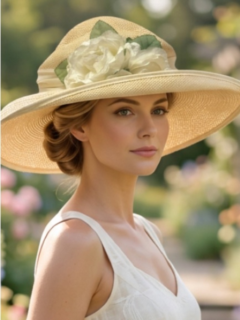 Callanan MILLINERY Cream Straw Wide-Brim Hat with Ivory Flower